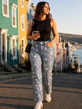 Reformation Abby Colorado Sparkle Rhinestone Straight Jeans Blue Size 25 NWT Y2K